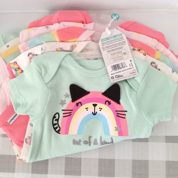 GERBER: Baby Girls' 5pk Rainbow Short Sleeve Onesies - Green/Pink/Cream - Picture 2 of 7